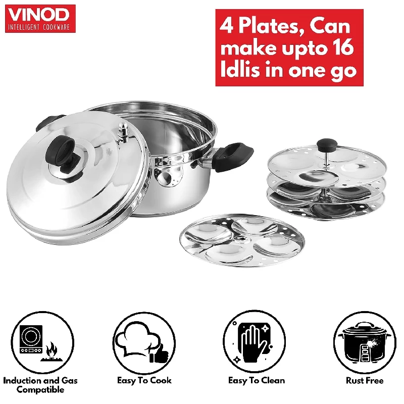 Vinod Stainless Steel Idli Cooker with 4 Deeper Plates for Induction and Gas Base - Small, 4 Plates-4.webp
